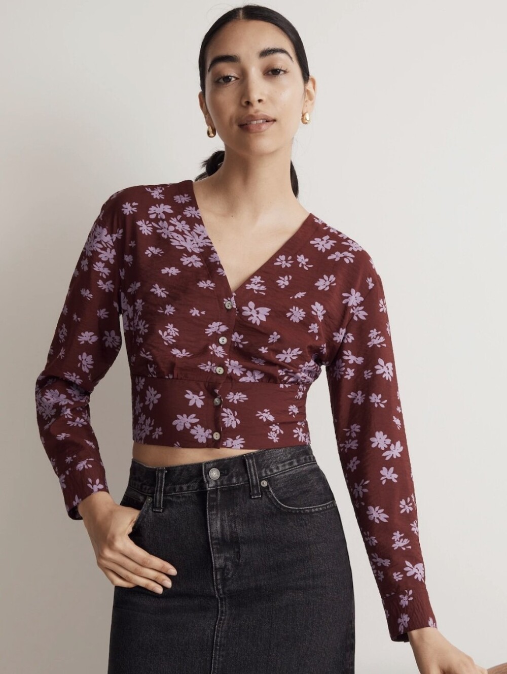 Madewell V-Neck Cropped Floral Button Top Burgundy Lavender
